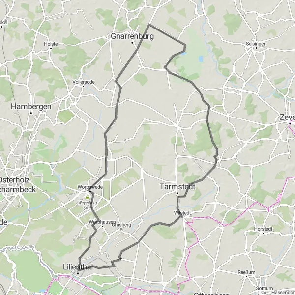 Map miniature of "Forest and Art in and Around Worpswede" cycling inspiration in Lüneburg, Germany. Generated by Tarmacs.app cycling route planner