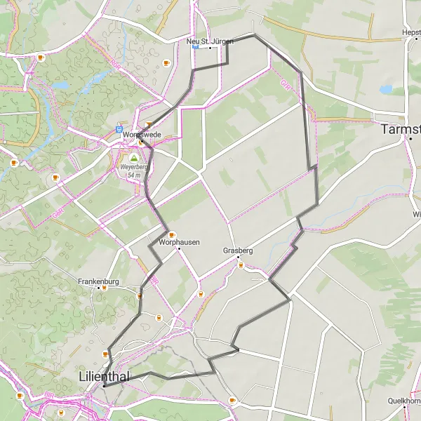 Map miniature of "Worpswede Round Trip" cycling inspiration in Lüneburg, Germany. Generated by Tarmacs.app cycling route planner