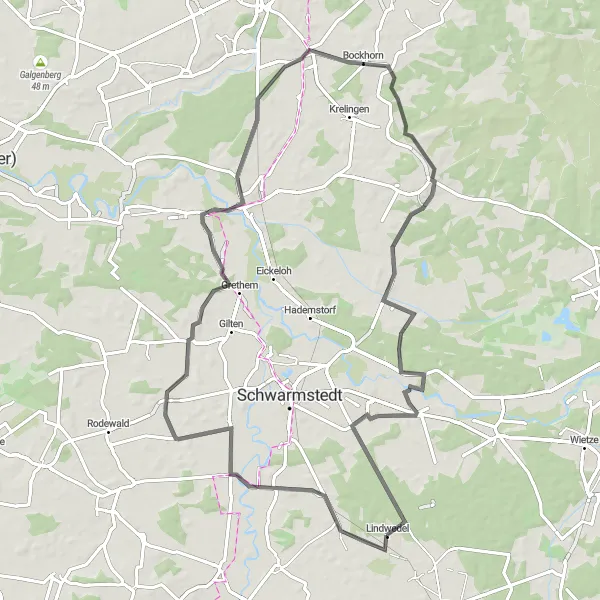 Karten-Miniaturansicht der Radinspiration "Landstraßen-Rundkurs um Lindwedel" in Lüneburg, Germany. Erstellt vom Tarmacs.app-Routenplaner für Radtouren