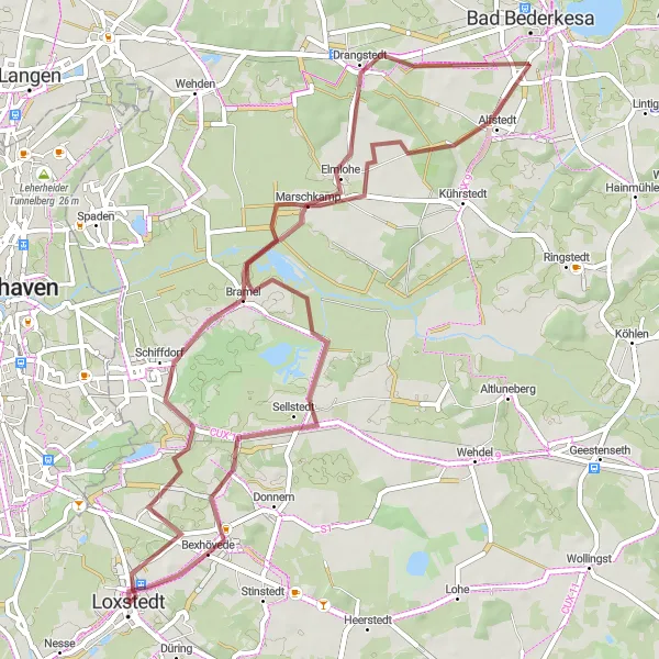 Map miniature of "Loxstedt to Schiffdorf Gravel Route" cycling inspiration in Lüneburg, Germany. Generated by Tarmacs.app cycling route planner