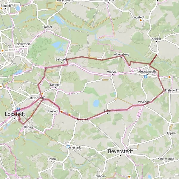 Map miniature of "Loxstedt Gravel Adventure" cycling inspiration in Lüneburg, Germany. Generated by Tarmacs.app cycling route planner