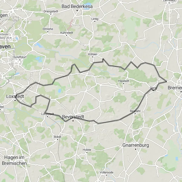 Map miniature of "Loxstedt to Beverstedt Road Route" cycling inspiration in Lüneburg, Germany. Generated by Tarmacs.app cycling route planner