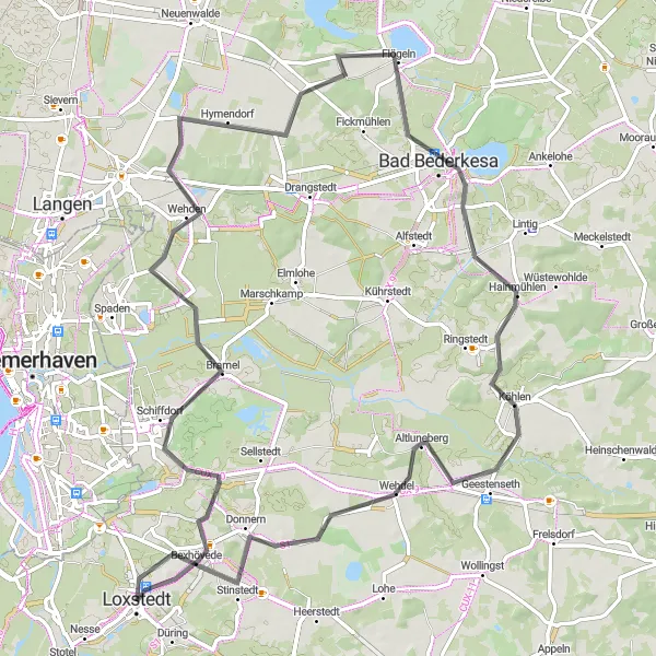 Map miniature of "Loxstedt to Flögeln Road Route" cycling inspiration in Lüneburg, Germany. Generated by Tarmacs.app cycling route planner