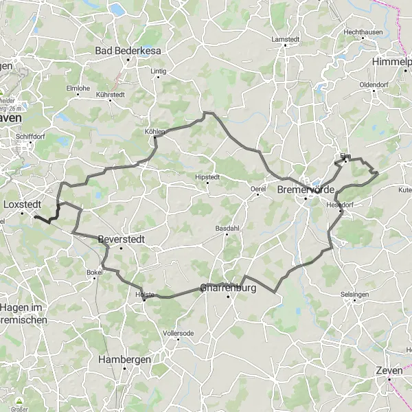 Map miniature of "Around Loxstedt" cycling inspiration in Lüneburg, Germany. Generated by Tarmacs.app cycling route planner
