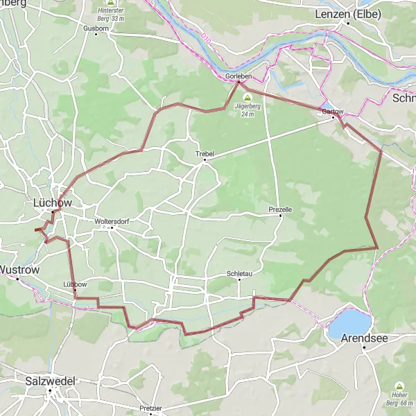 Karten-Miniaturansicht der Radinspiration "Gravel-Tour durch das Wendland" in Lüneburg, Germany. Erstellt vom Tarmacs.app-Routenplaner für Radtouren