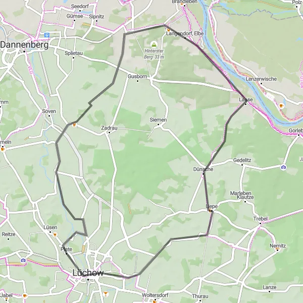 Map miniature of "Countryside Escape to Bohnenberg" cycling inspiration in Lüneburg, Germany. Generated by Tarmacs.app cycling route planner