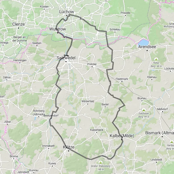 Karten-Miniaturansicht der Radinspiration "Rundtour durch Großwitzeetze und Klötze" in Lüneburg, Germany. Erstellt vom Tarmacs.app-Routenplaner für Radtouren