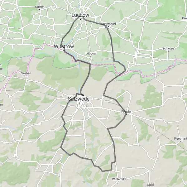 Map miniature of "Salzwedel Adventure Ride" cycling inspiration in Lüneburg, Germany. Generated by Tarmacs.app cycling route planner