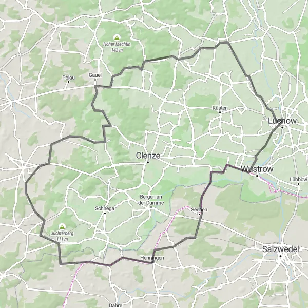 Map miniature of "Exploring the Elbe River Villages" cycling inspiration in Lüneburg, Germany. Generated by Tarmacs.app cycling route planner
