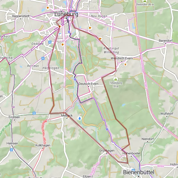 Map miniature of "The Gravel Trail to Kalkberg" cycling inspiration in Lüneburg, Germany. Generated by Tarmacs.app cycling route planner