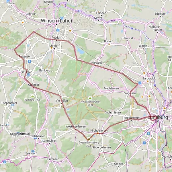 Map miniature of "The Ultimate Gravel Experience" cycling inspiration in Lüneburg, Germany. Generated by Tarmacs.app cycling route planner