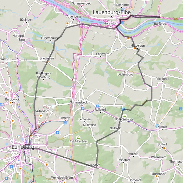 Map miniature of "The Artlenburg Adventure" cycling inspiration in Lüneburg, Germany. Generated by Tarmacs.app cycling route planner