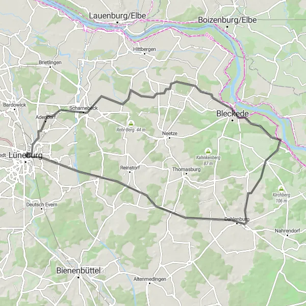 Karten-Miniaturansicht der Radinspiration "Entlang der Elbe nach Dahlenburg" in Lüneburg, Germany. Erstellt vom Tarmacs.app-Routenplaner für Radtouren