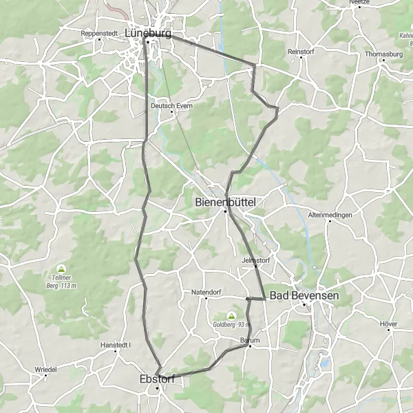 Karten-Miniaturansicht der Radinspiration "Rund um Lüneburg durch malerische Dörfer" in Lüneburg, Germany. Erstellt vom Tarmacs.app-Routenplaner für Radtouren
