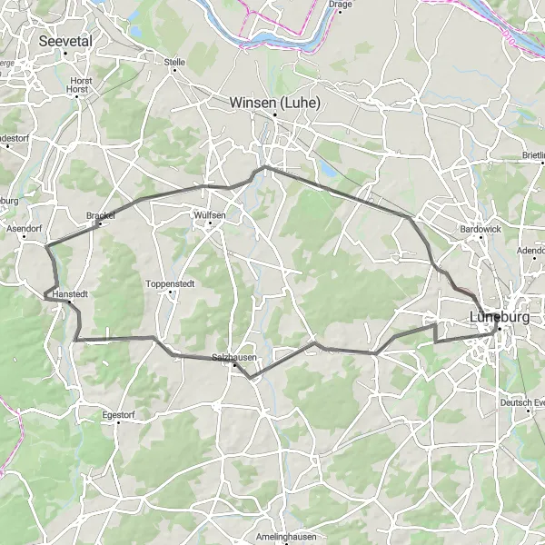 Map miniature of "Hills and Valleys" cycling inspiration in Lüneburg, Germany. Generated by Tarmacs.app cycling route planner