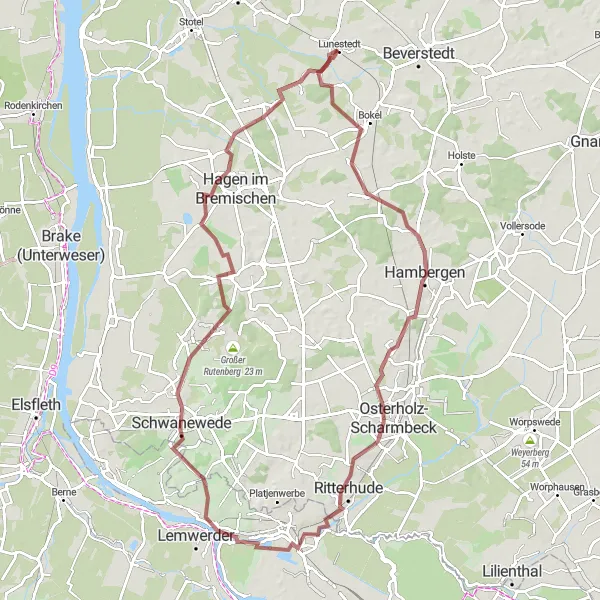 Map miniature of "Challenging Gravel Adventure around Lunestedt" cycling inspiration in Lüneburg, Germany. Generated by Tarmacs.app cycling route planner