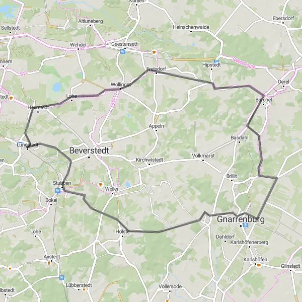 Map miniature of "Lunestedt Short Road Ride" cycling inspiration in Lüneburg, Germany. Generated by Tarmacs.app cycling route planner