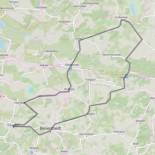 Map miniature of "Heerstedt and Hipstedt Loop" cycling inspiration in Lüneburg, Germany. Generated by Tarmacs.app cycling route planner