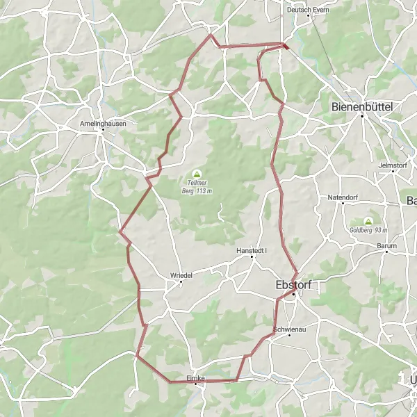 Map miniature of "Gravel Adventure to Eimke" cycling inspiration in Lüneburg, Germany. Generated by Tarmacs.app cycling route planner