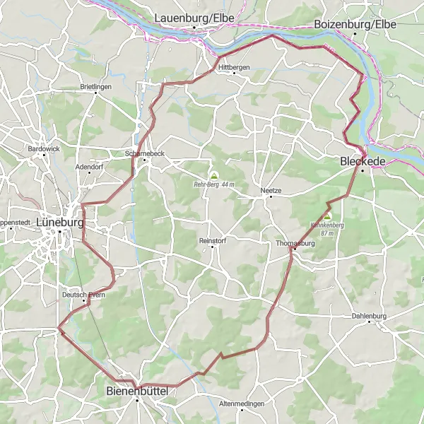 Karten-Miniaturansicht der Radinspiration "Gravelabenteuer Lüneburger Land" in Lüneburg, Germany. Erstellt vom Tarmacs.app-Routenplaner für Radtouren