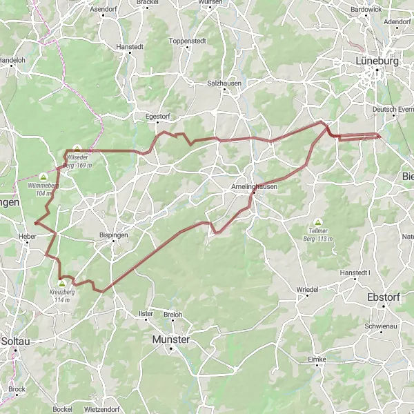 Map miniature of "Hills and Nature Extravaganza" cycling inspiration in Lüneburg, Germany. Generated by Tarmacs.app cycling route planner