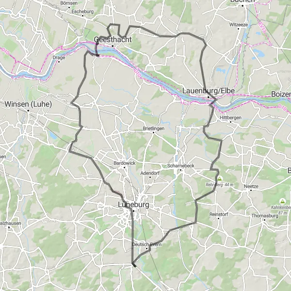 Map miniature of "The Long Ride to Lüdersburg" cycling inspiration in Lüneburg, Germany. Generated by Tarmacs.app cycling route planner