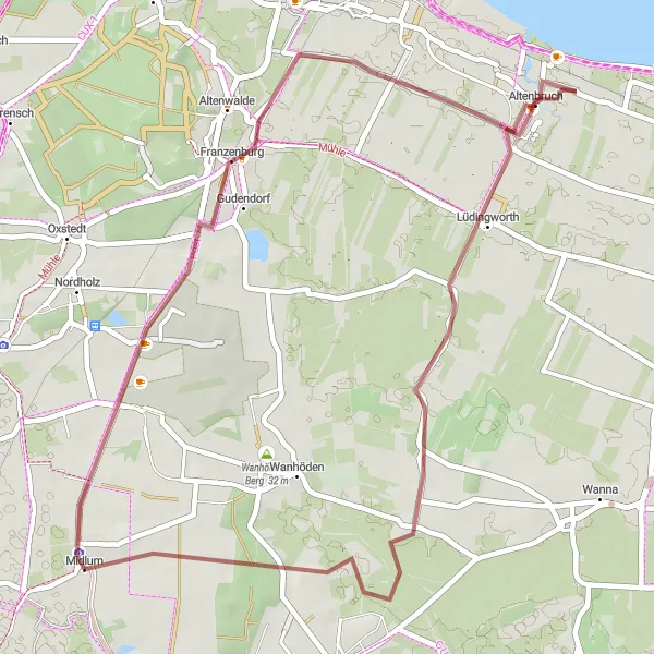 Map miniature of "Explore Midlum by Gravel" cycling inspiration in Lüneburg, Germany. Generated by Tarmacs.app cycling route planner