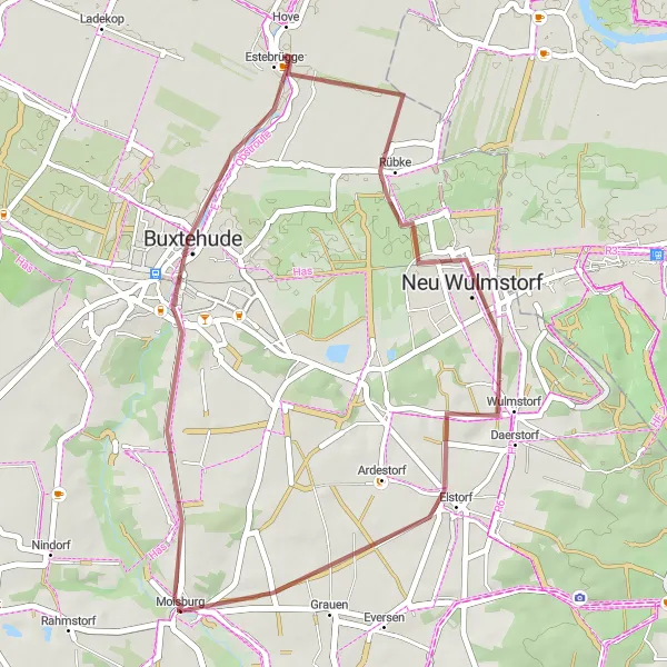 Karten-Miniaturansicht der Radinspiration "Abenteuerliche Gravel-Tour durch die Natur um Moisburg" in Lüneburg, Germany. Erstellt vom Tarmacs.app-Routenplaner für Radtouren
