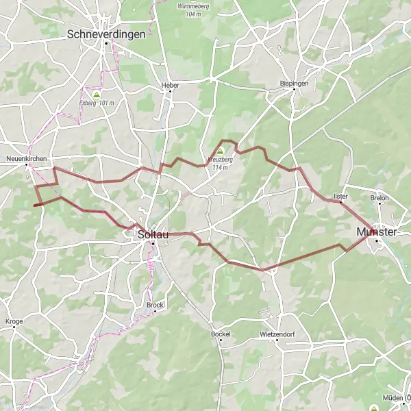 Map miniature of "Hidden Gravel Gems near Munster" cycling inspiration in Lüneburg, Germany. Generated by Tarmacs.app cycling route planner