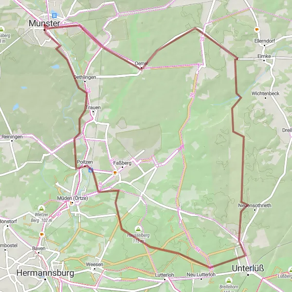 Map miniature of "Scenic Gravel Ride near Munster" cycling inspiration in Lüneburg, Germany. Generated by Tarmacs.app cycling route planner