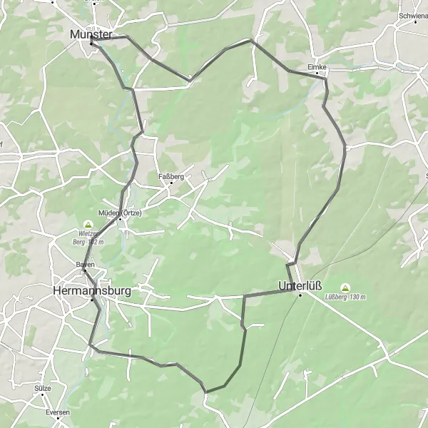 Map miniature of "Munster Road Adventure" cycling inspiration in Lüneburg, Germany. Generated by Tarmacs.app cycling route planner