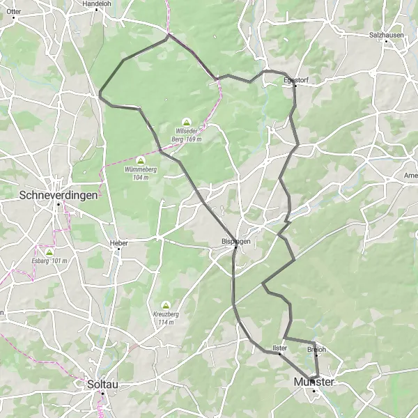 Map miniature of "Munster Legendary Road Challenge" cycling inspiration in Lüneburg, Germany. Generated by Tarmacs.app cycling route planner