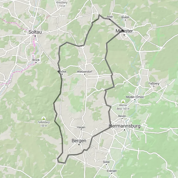 Map miniature of "The Munster Gravel Adventure" cycling inspiration in Lüneburg, Germany. Generated by Tarmacs.app cycling route planner