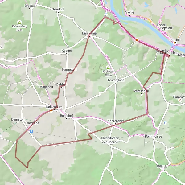 Karten-Miniaturansicht der Radinspiration "Gravel-Tour entlang der Elbe nach Nahrendorf" in Lüneburg, Germany. Erstellt vom Tarmacs.app-Routenplaner für Radtouren