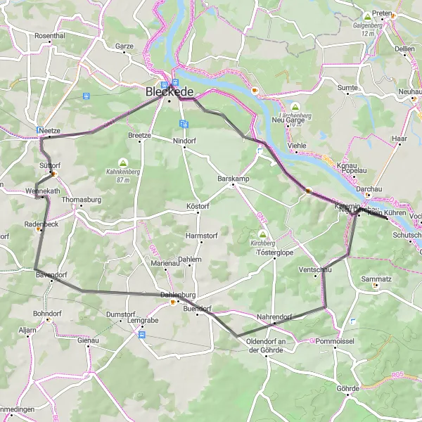 Karten-Miniaturansicht der Radinspiration "Rundtour über Dahlenburg und Bleckede" in Lüneburg, Germany. Erstellt vom Tarmacs.app-Routenplaner für Radtouren