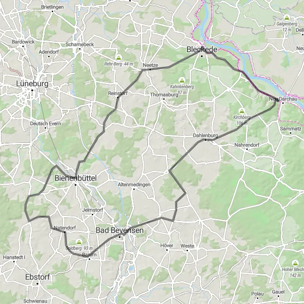 Map miniature of "Picturesque Tosterglope and Bleckede Road Adventure" cycling inspiration in Lüneburg, Germany. Generated by Tarmacs.app cycling route planner