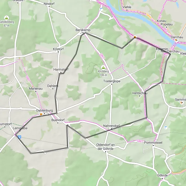 Map miniature of "Scenic Nahrendorf and Dahlenburg Road Trip" cycling inspiration in Lüneburg, Germany. Generated by Tarmacs.app cycling route planner
