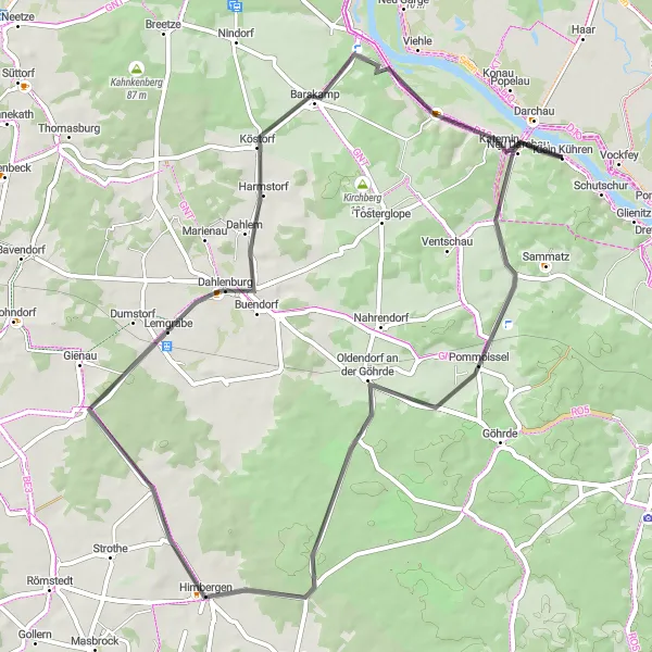 Karten-Miniaturansicht der Radinspiration "Radtour über Himbergen und Barskamp" in Lüneburg, Germany. Erstellt vom Tarmacs.app-Routenplaner für Radtouren