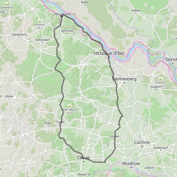 Map miniature of "Neu Darchau and Göhrde Road Experience" cycling inspiration in Lüneburg, Germany. Generated by Tarmacs.app cycling route planner