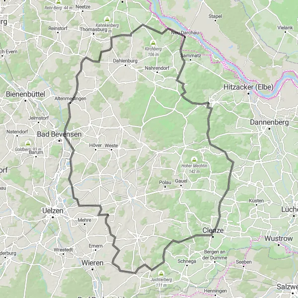 Map miniature of "Göhrde and Clenze Road Adventure" cycling inspiration in Lüneburg, Germany. Generated by Tarmacs.app cycling route planner