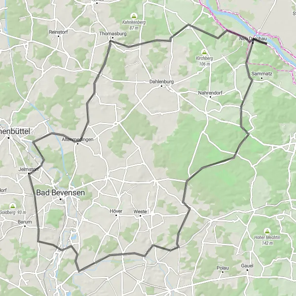 Map miniature of "Neu Darchau Loop: Rivers and Hills" cycling inspiration in Lüneburg, Germany. Generated by Tarmacs.app cycling route planner