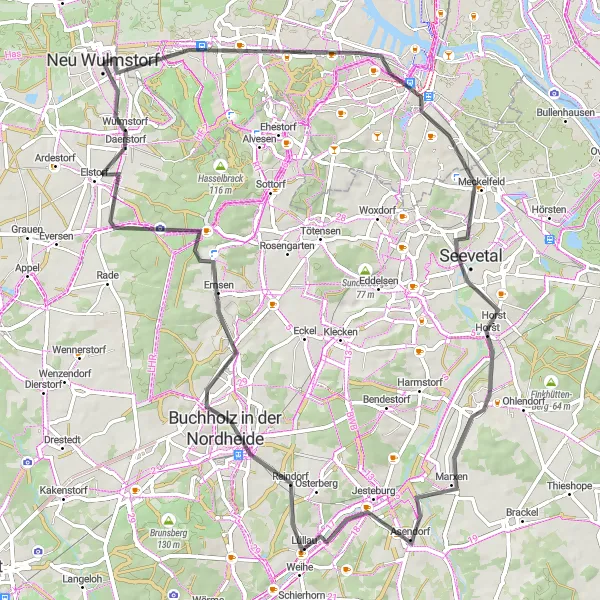 Map miniature of "Neuwulmstorf - Seevetal - Habenberg - Wesen-Berg Circuit" cycling inspiration in Lüneburg, Germany. Generated by Tarmacs.app cycling route planner