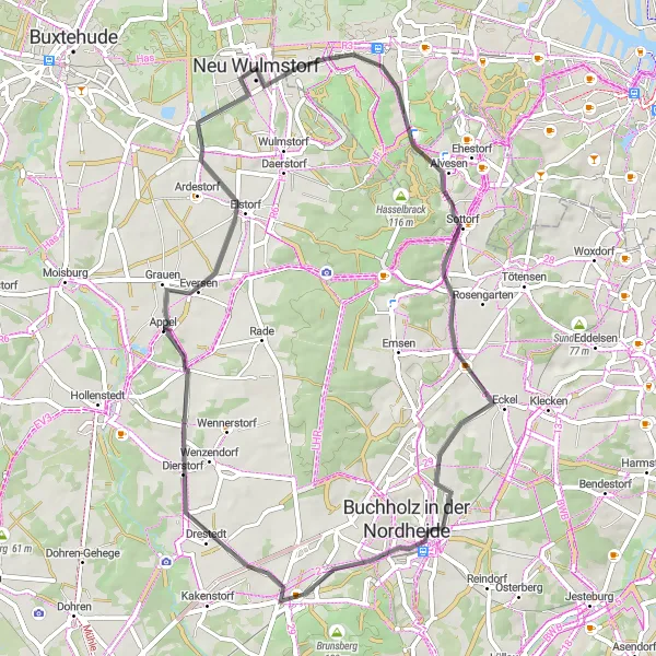 Map miniature of "Buchholz Loop" cycling inspiration in Lüneburg, Germany. Generated by Tarmacs.app cycling route planner