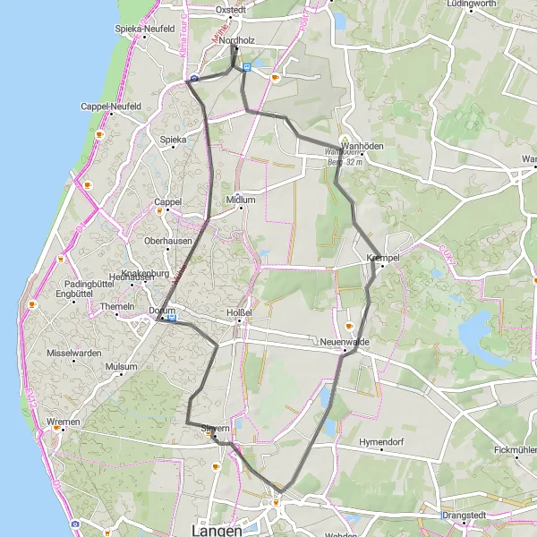 Karten-Miniaturansicht der Radinspiration "Küstenrundfahrt von Nordholz nach Dorum" in Lüneburg, Germany. Erstellt vom Tarmacs.app-Routenplaner für Radtouren