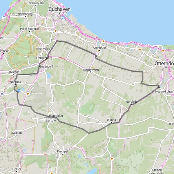 Map miniature of "The Coastal Route" cycling inspiration in Lüneburg, Germany. Generated by Tarmacs.app cycling route planner