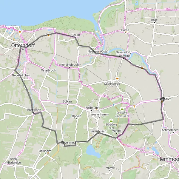 Karten-Miniaturansicht der Radinspiration "55 km Road-Tour durch Wingst und Ihlienworth" in Lüneburg, Germany. Erstellt vom Tarmacs.app-Routenplaner für Radtouren