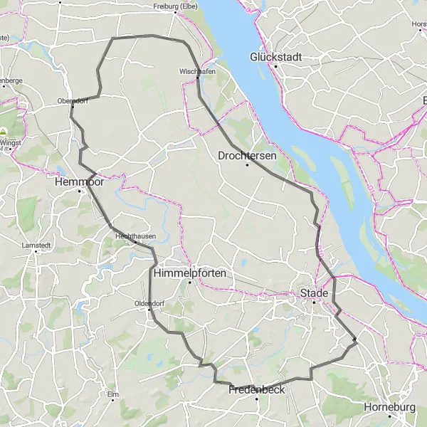 Karten-Miniaturansicht der Radinspiration "Road-Tour über 99 km durch Wischhafen und Agathenburg" in Lüneburg, Germany. Erstellt vom Tarmacs.app-Routenplaner für Radtouren