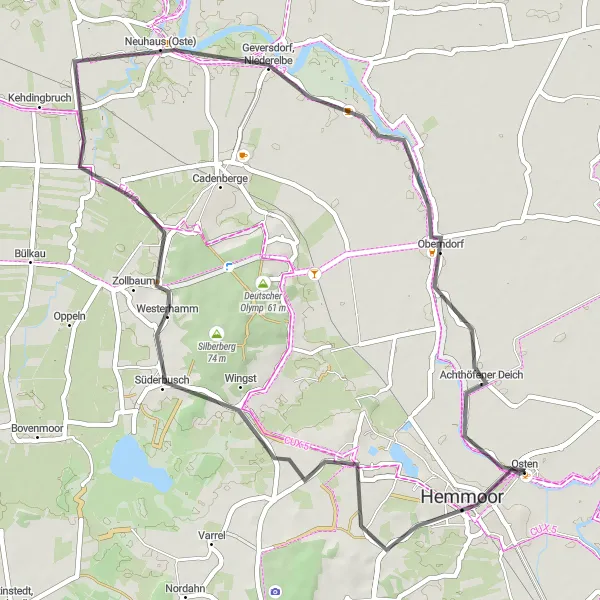 Karten-Miniaturansicht der Radinspiration "Road-Rundkurs um Kreienberg und Oberndorf" in Lüneburg, Germany. Erstellt vom Tarmacs.app-Routenplaner für Radtouren