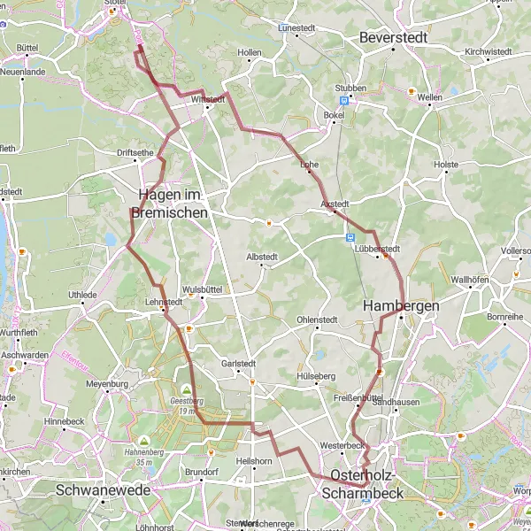 Map miniature of "Scenic Gravel Tour: Buschhausen to Osterholz-Scharmbeck" cycling inspiration in Lüneburg, Germany. Generated by Tarmacs.app cycling route planner
