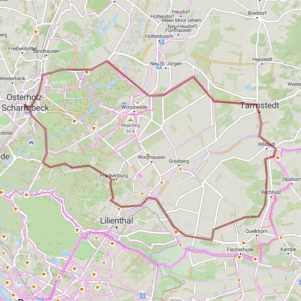 Map miniature of "Scenic Gravel Tour to Wilstedt" cycling inspiration in Lüneburg, Germany. Generated by Tarmacs.app cycling route planner